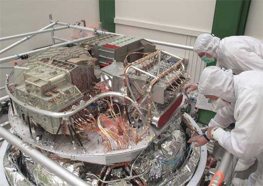 Einbau der wissenschaftlichen Instrumente HIFI (vorne rechts), PACS (vorne links) und SPIRE (hinten) Einbau der wissenschaftlichen Instrumente HIFI (vorne rechts), PACS (vorne links) und SPIRE (hinten)