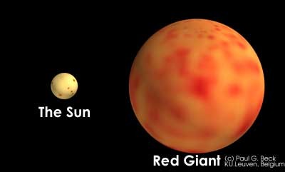 Durchmesservergleich und Rotationsrate eines Roten Riesen mit der Sonne Durchmesservergleich und Rotationsrate eines Roten Riesen mit der Sonne